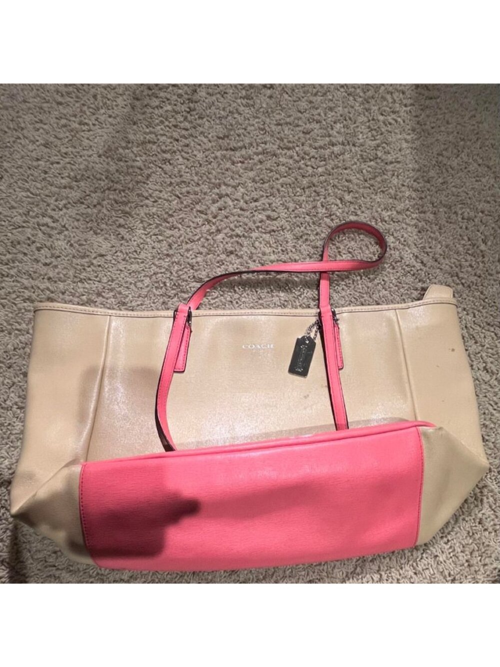 Coach Women’s Beige/Pink Colorblock Zip Tote, Double Handles, Bag Charm